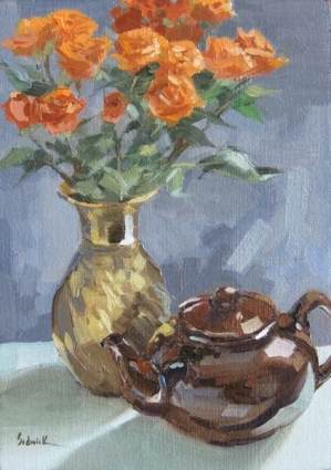 Sarah Sedwick - orange_roses_with_teapot.jpg